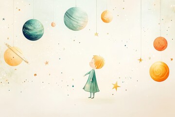 An imaginative illustration of the Little Prince surrounded by floating planets and stars, creating a sense of wonder 