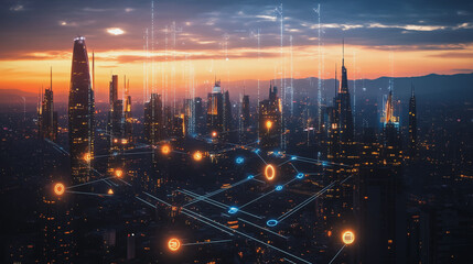 Fototapeta premium Abstract business man stands on Smart digital Innovation city with connection network reciprocity over the twilight cityscape. of future wireless digital city and social media networking systems