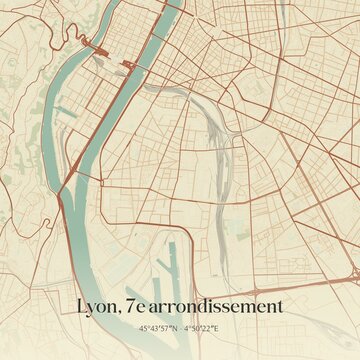 Retro map of Lyon, 7e arrondissement, Auvergne-Rh�ne-Alpes, France. Vintage street map.