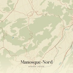 Fototapeta premium Retro map of Manosque-Nord, Provence-Alpes-C�te d'Azur, France. Vintage street map.