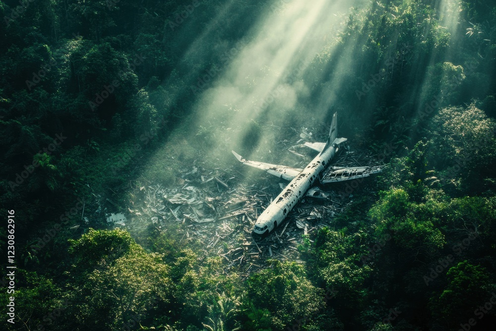 Poster dense forest reveals airplane debris in clearing surrounded by towering trees. generative ai