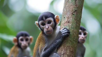 Obraz premium Closeup of Three Young Monkeys on Tree Branch in Lush Green Forest