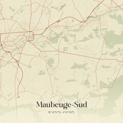 Retro map of Maubeuge-Sud, Hauts-de-France, France. Vintage street map. © Rezona