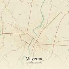 Retro map of Mayenne, Pays de la Loire, France. Vintage street map.