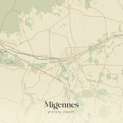 Retro map of Migennes, Bourgogne-Franche-Comt�, France. Vintage street map.