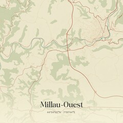 Retro map of Millau-Ouest, Occitanie, France. Vintage street map.