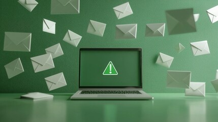 A laptop displays a warning sign as numerous emails fly around it, symbolizing an inbox overload or potential phishing threat. 