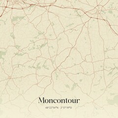 Retro map of Moncontour, Bretagne, France. Vintage street map.
