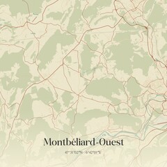Fototapeta premium Retro map of Montb�liard-Ouest, Bourgogne-Franche-Comt�, France. Vintage street map.