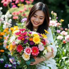 asian woman in a blooming garden holding a colorful flower bouquet
