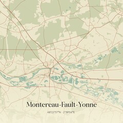 Retro map of Montereau-Fault-Yonne, �le-de-France, France. Vintage street map.