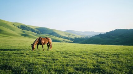 Obraz premium Serene Horse Grazing in a Lush Green Pasture with Rolling Hills and Clear Blue Sky: Highlighting Equine Tranquility and Pastoral Beauty in a Natural Rural Setting