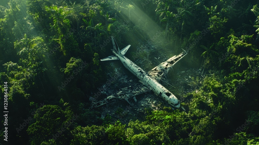 Poster aerial view of airplane debris in dense forest revealing remnants of a past incident. generative ai