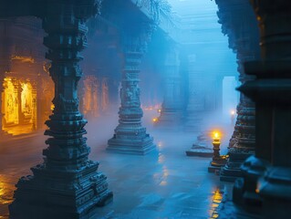 a mystical shiva temple at twilight, ethereal blue mist swirling around ornate stone carvings, golden oil lamps casting warm light, devotees in meditation, sacred symbols glowing
