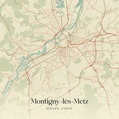 Retro map of Montigny-l�s-Metz, Grand Est, France. Vintage street map.