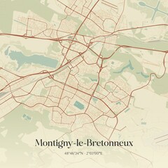 Retro map of Montigny-le-Bretonneux, �le-de-France, France. Vintage street map.
