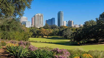 Obraz premium City skyline viewed from a lush green park with vibrant flowers in the foreground.