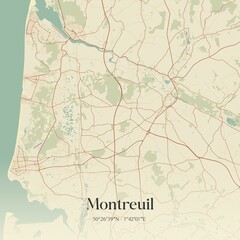 Retro map of Montreuil, Hauts-de-France, France. Vintage street map.
