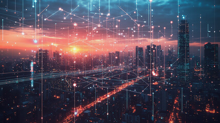 Abstract business man stands on Smart digital Innovation city with connection network reciprocity over the twilight cityscape. of future wireless digital city and social media networking systems