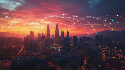 Fototapeta premium Abstract business man stands on Smart digital Innovation city with connection network reciprocity over the twilight cityscape. of future wireless digital city and social media networking systems