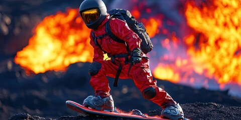 volcano boarding action shot in protective gear