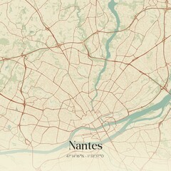 Retro map of Nantes, Pays de la Loire, France. Vintage street map.