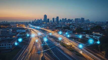 Fototapeta premium Abstract business man stands on Smart digital Innovation city with connection network reciprocity over the twilight cityscape. of future wireless digital city and social media networking systems