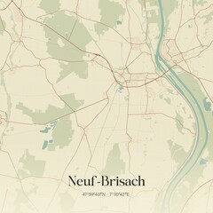 Retro map of Neuf-Brisach, Grand Est, France. Vintage street map.