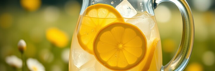Refreshing lemonade pitcher with cheerful vibes featuring lemon slices against a bright floral background