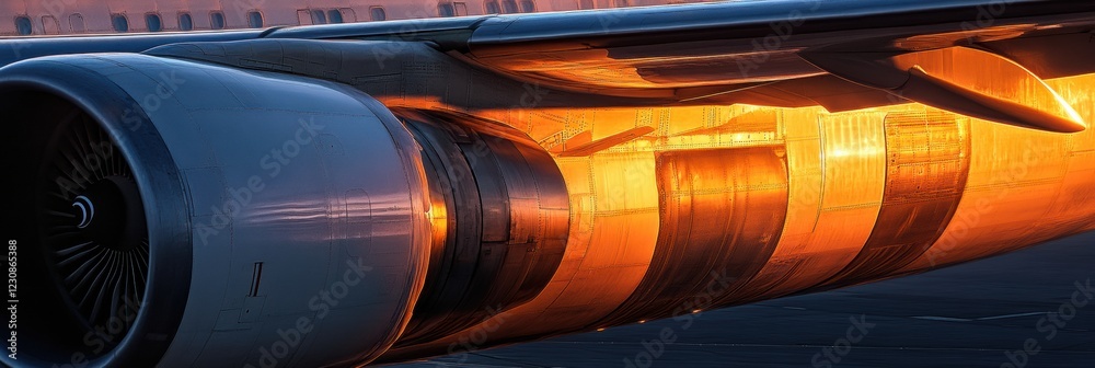 Poster sunset illuminates airplane wing creating stunning warm reflections during evening flight. generativ