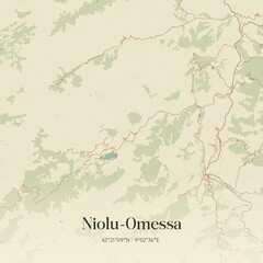 Retro map of Niolu-Omessa, Corse, France. Vintage street map.
