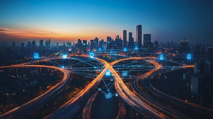 Abstract business man stands on Smart digital Innovation city with connection network reciprocity over the twilight cityscape. of future wireless digital city and social media networking systems

