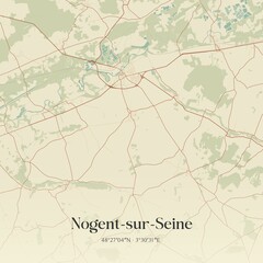 Retro map of Nogent-sur-Seine, Grand Est, France. Vintage street map.