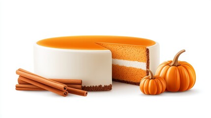 A full pumpkin cheesecake with a slice cut out, cinnamon sticks and mini pumpkins beside, photorealistic, isolated on white background