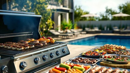 Summer Poolside BBQ Feast: Delicious Grilled Delights by the Pool - Powered by Adobe