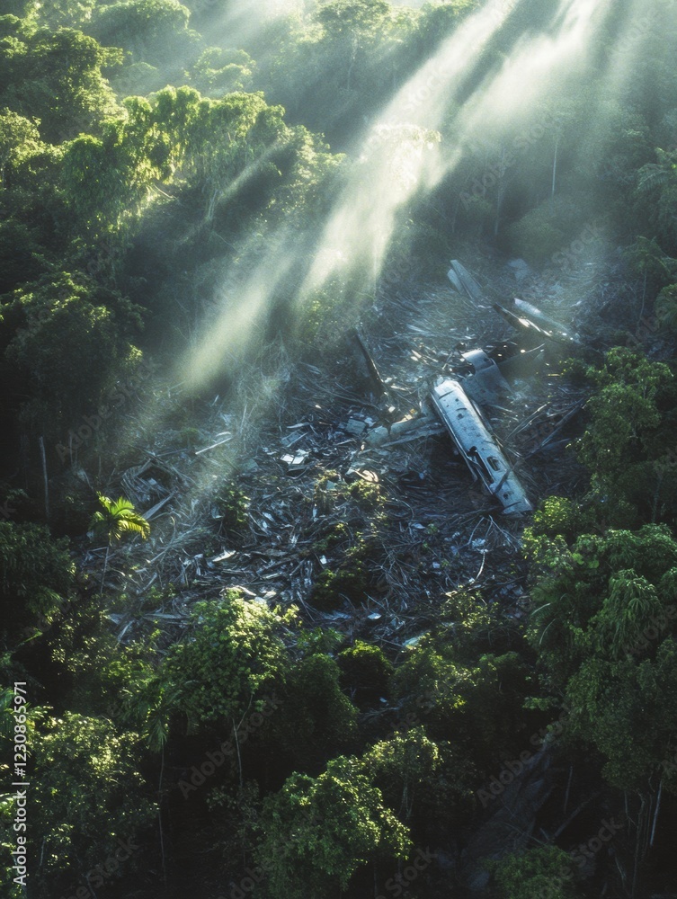 Aufkleber dense forest reveals airplane debris in clearing surrounded by greenery at dawn. generative ai