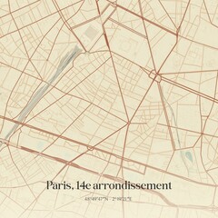 Retro map of Paris, 14e arrondissement, �le-de-France, France. Vintage street map.