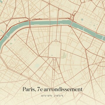Retro map of Paris, 7e arrondissement, �le-de-France, France. Vintage street map.