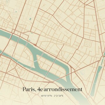 Retro map of Paris, 4e arrondissement, �le-de-France, France. Vintage street map.