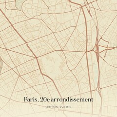 Obraz premium Retro map of Paris, 20e arrondissement, �le-de-France, France. Vintage street map.