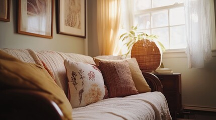 Cozy living room interior with a sofa, pillows, and natural light through a window