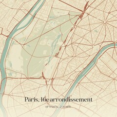 Retro map of Paris, 16e arrondissement, �le-de-France, France. Vintage street map.