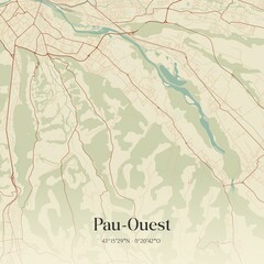 Retro map of Pau-Ouest, Nouvelle-Aquitaine, France. Vintage street map.