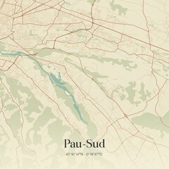 Retro map of Pau-Sud, Nouvelle-Aquitaine, France. Vintage street map.