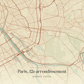 Retro map of Paris, 12e arrondissement, �le-de-France, France. Vintage street map.
