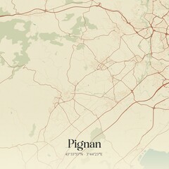 Obraz premium Retro map of Pignan, Occitanie, France. Vintage street map.