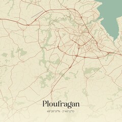 Retro map of Ploufragan, Bretagne, France. Vintage street map.