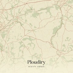 Retro map of Ploudiry, Bretagne, France. Vintage street map.