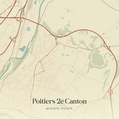 Retro map of Poitiers 2e Canton, Nouvelle-Aquitaine, France. Vintage street map.