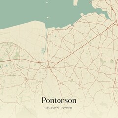 Retro map of Pontorson, Normandie, France. Vintage street map.